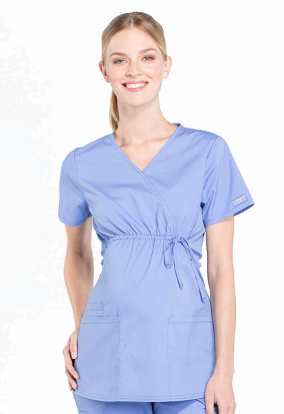 Cherokee Workwear Professionals Women's Maternity Mock Wrap Soft Knit Panel Solid Scrub Top (CCHN) | WW685